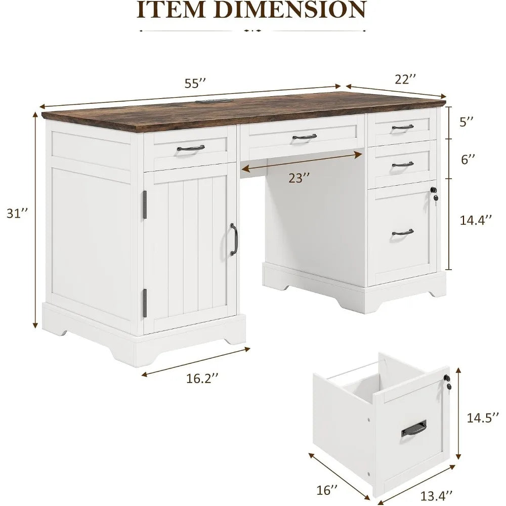 Whalefall 55'' Farmhouse Desk Home Office with Drawers, White