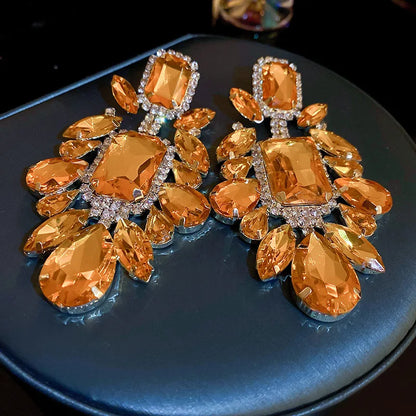 Orange Rhinestone Geometric Earrings for Women Retro Exaggerated Drop Earrings Temperament Party Accessories Girls Gifts