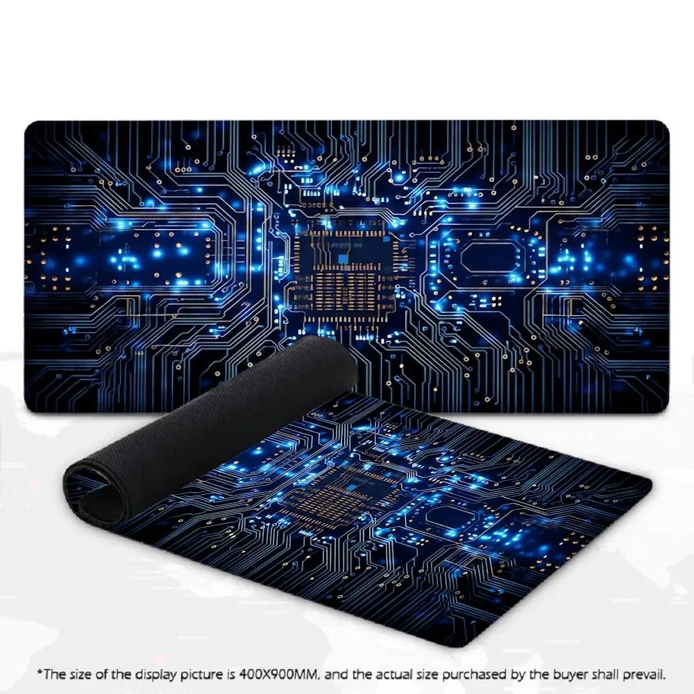 Large Gaming Mouse Pad Futuristic Tech Circuit Board Neon Chip XXL Non-Slip Rubber Keyboard Deskmat Electronic Office Table Mat