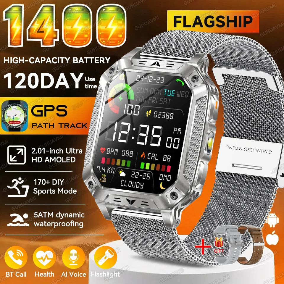 2026 New Outdoor GPS Smart Watch 1400mAh High Capacity Battery 2.01" Sapphire Screen 10ATM Waterproof Dual-color Lamp Smartwatch