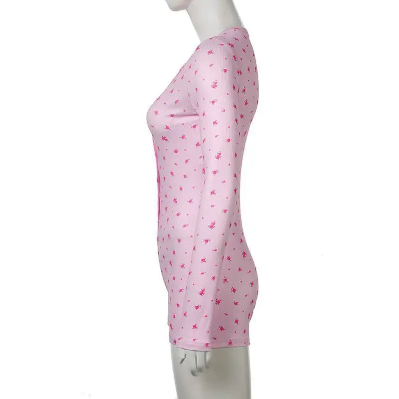 Pajamas Onesies Women's Sexy Bodysuit Casual Flower Print V-neck Front Button Long Sleeve Slim Fit Jumpsuit Sleepwear