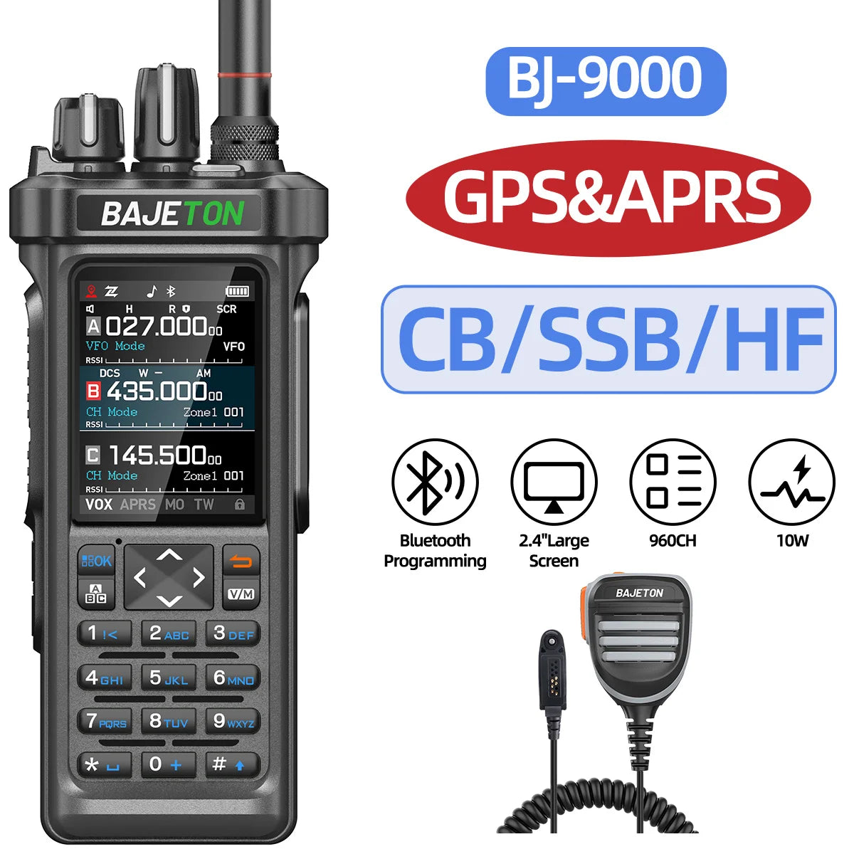 BAJETON BJ-9000 Walkie Talkie CB/SSB/RX/HF Receiver with GPS APRS 10W Bluetooth Phone Programming Same RT-950 PRO RT -950 Radio