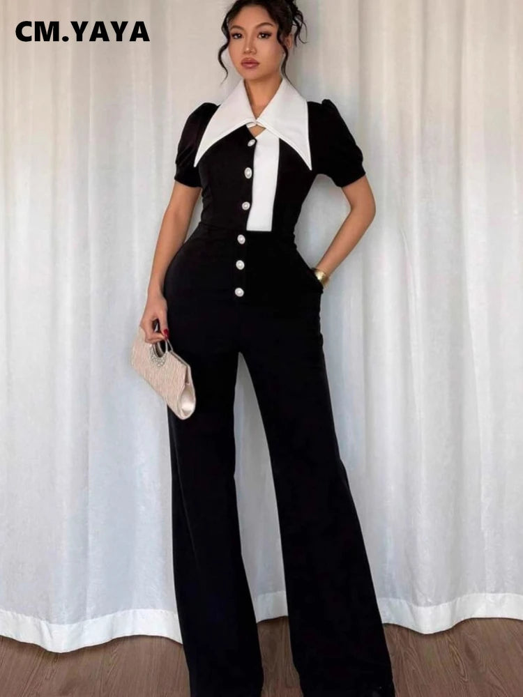 CM.YAYA Fashion Women Puff Short Sleeve Patchwork Bowknot Button Fly Wide Leg Jumpsuits Street Outfits One Piece Suit Rompers