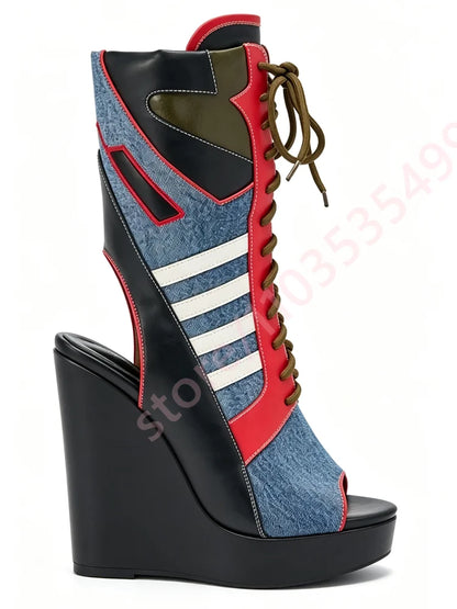 Denim Color Block Open Toe Ankle Boots Women White Stripes Patchwork Front Lace Up Contrast Wedge High Heel Fashion Cutout Boots