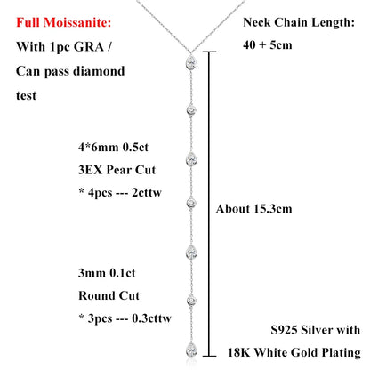 EWYA Y-Style 1CT Princess Cut Certified Moissanite Pendant Necklace Women S925 Silver All Diamond Dainty Tassel Neck Chain Gift
