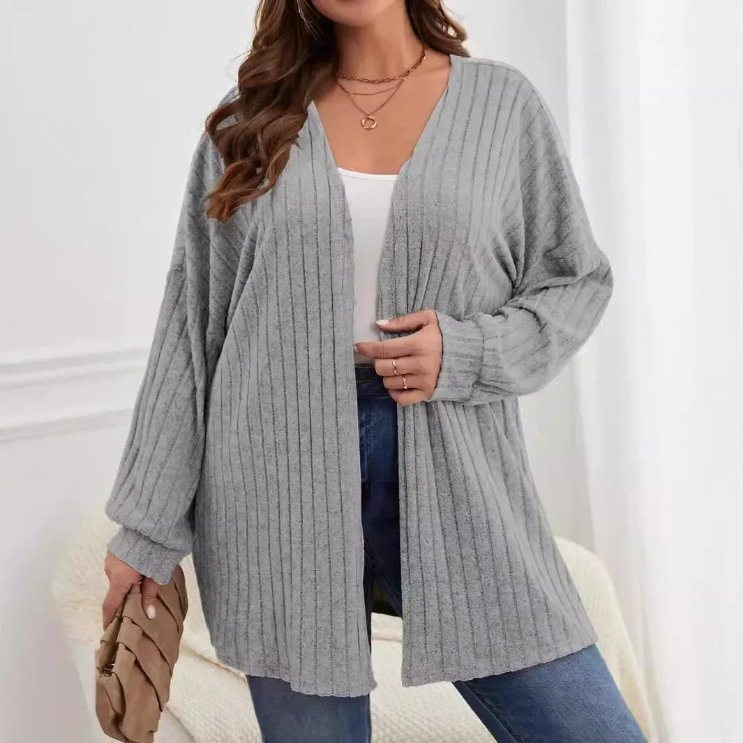 Autumn and Winter  Plus Size Women's 1XL-5XL Solid Color Loose Cardigan Top Women's Long Sleeved Knitted Jacket
