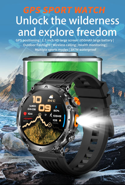 COANR2026 New Military Smart Watch 850mAh Battery GPS trace Compass 3ATM Waterproof Tactics Sport Flashlight call SmartWatch Men