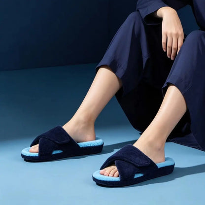 Smile Popcorn Women Adjustable Cross Strap Slippers Soft Fleece Two-tone Open Toe Non Slip Cozy Memory Foam Indoor House Slides