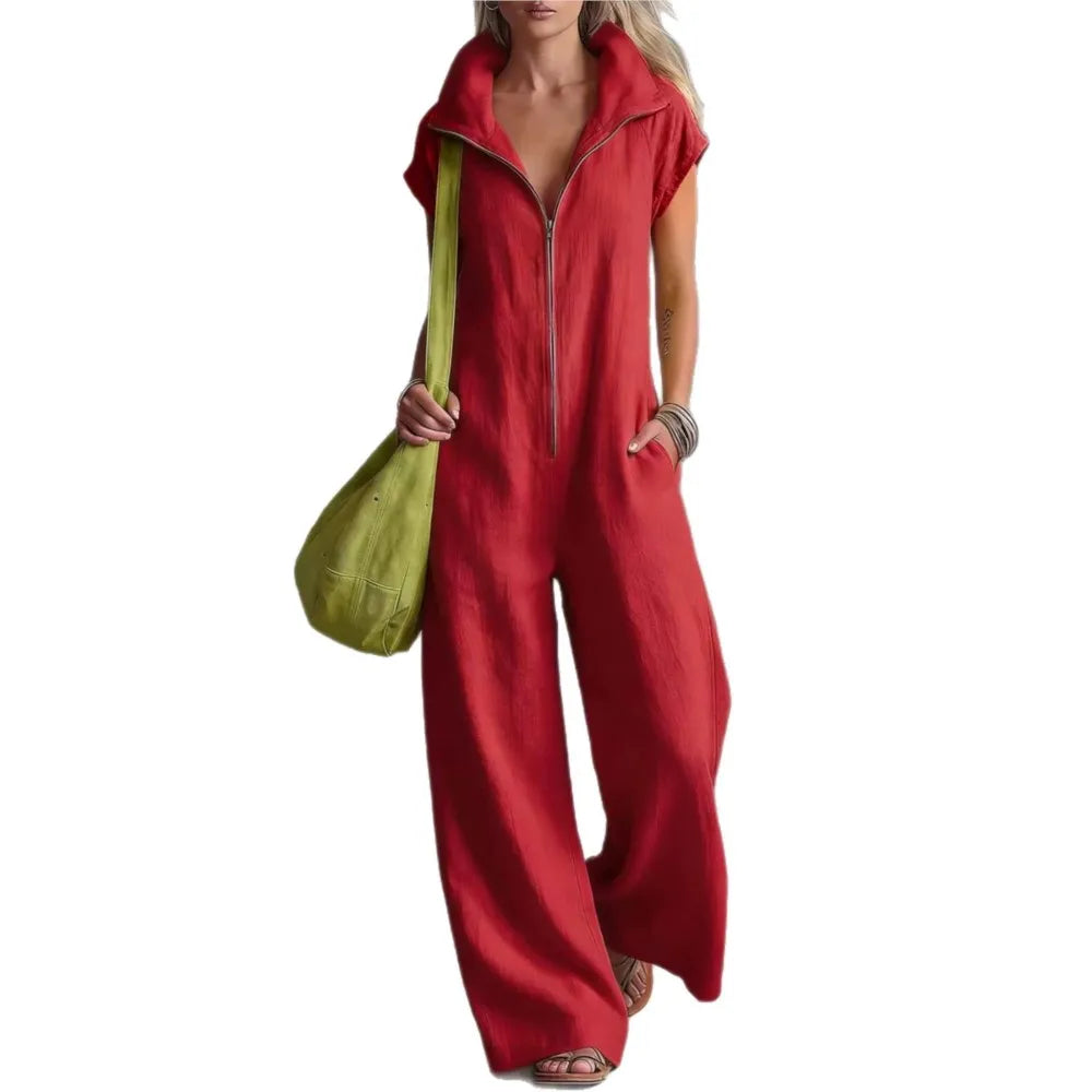 Summer New Fashion Zipper Lapel Short-sleeved Loose Women's Jumpsuit 2026 Loose Simple Pocket Casual Vacation Female Jumpsuit