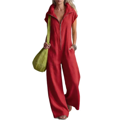 Summer New Fashion Zipper Lapel Short-sleeved Loose Women's Jumpsuit 2026 Loose Simple Pocket Casual Vacation Female Jumpsuit