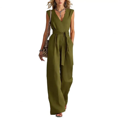 Women's Jumpsuit Sleeveless Women Jumpsuit Summer Causal Tie Waist Wide Leg Long Pants Rompers Summer V Neck One Piece Overalls