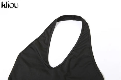 Kliou Casual Halter Rompers Women Sporty Concise Solid V-neck Sleeveless Cleavage Backless Skinny Playsuits Female Activewear