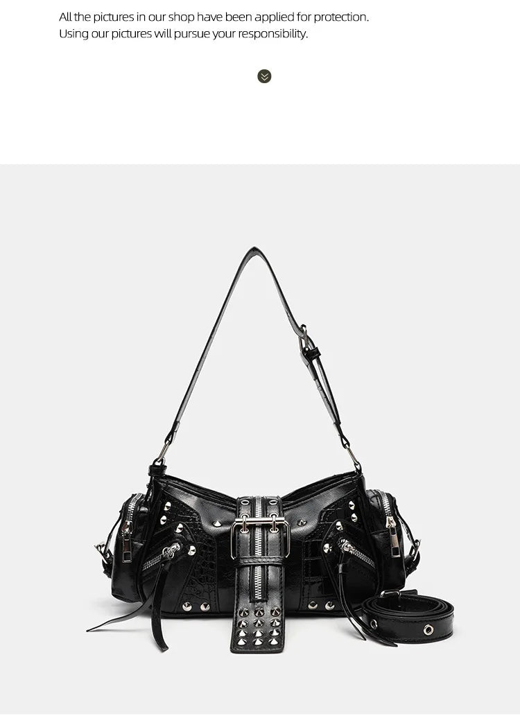 Women's Y2k Punk Vintage Shoulder Purse PU Leather Gothic Rivet Handbag Waist Bag Luxury Black Cross Body Bags with Spikes