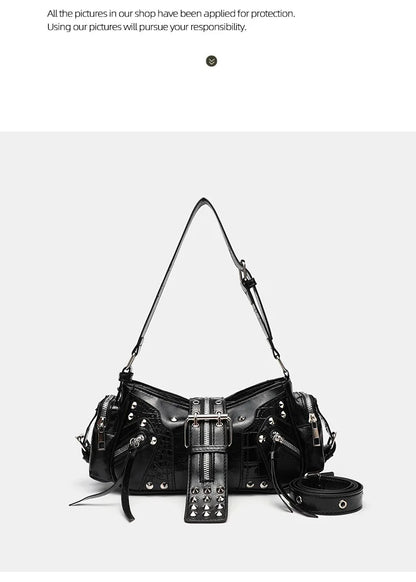 Women's Y2k Punk Vintage Shoulder Purse PU Leather Gothic Rivet Handbag Waist Bag Luxury Black Cross Body Bags with Spikes