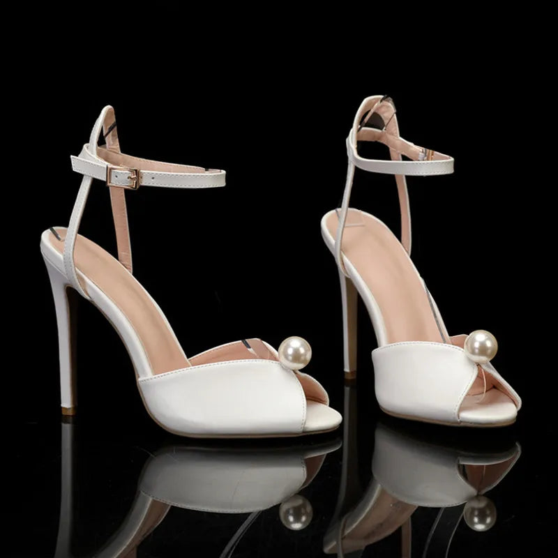 Luxury Pearls Rhinestones Peep toe Women Pumps Sandals Sexy Ankle Strap High Heels Summer Bridal Wedding Party Shoes Sandals