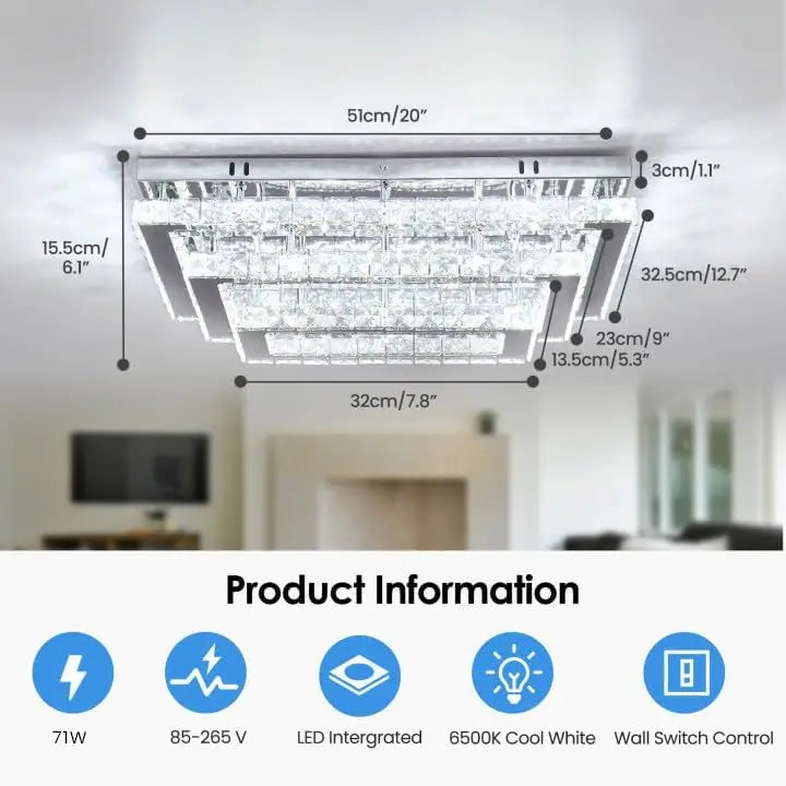 Modern Crystal LED Ceiling Light Fixture 20” Rectangular Flush Mount Chandelier Ceiling Lights 3-Tiers Stainless Steel Ceiling L