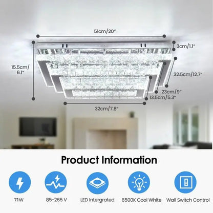 Modern Crystal LED Ceiling Light Fixture 20” Rectangular Flush Mount Chandelier Ceiling Lights 3-Tiers Stainless Steel Ceiling L