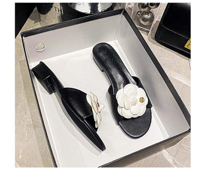 High End Luxury Flower Slippers Women Camellia Shoes Open Toe Slides Femme Outside&Home Pantuflas Sandals Ladies Flip Flops