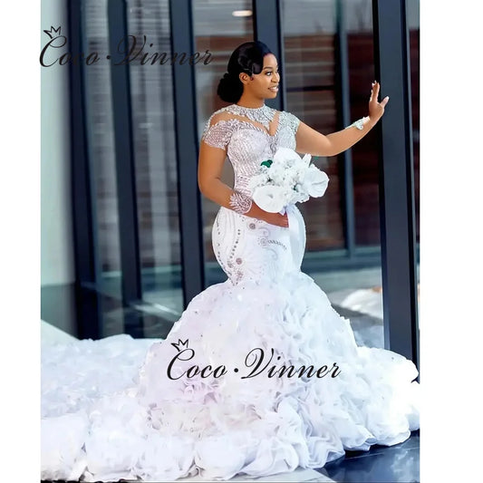 Customized Organza Ruffles Train Africa Wedding Dresses Mermaid Style High Neck Beaded 2026 Luxury Meramid Wedding Dress W1471