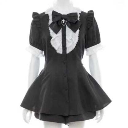 Japanese Style Gothic Y2k Lolita Plaid Rhinestone Bow Dress Shorts Set Sweet Women Puff Short Sleeve Button Shirt Party Dresses