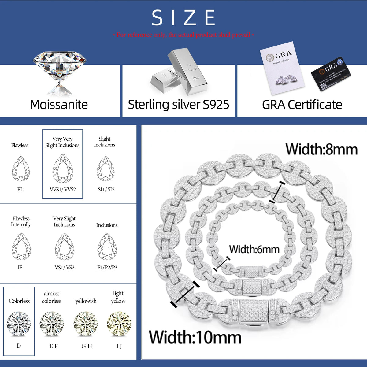 Iced Out 925 Sterling Silver 6-10mm Pig Nose Necklace Chain Men Women Prong Setting Moissanite Bracelet Hip Hop Rapper Jewelry