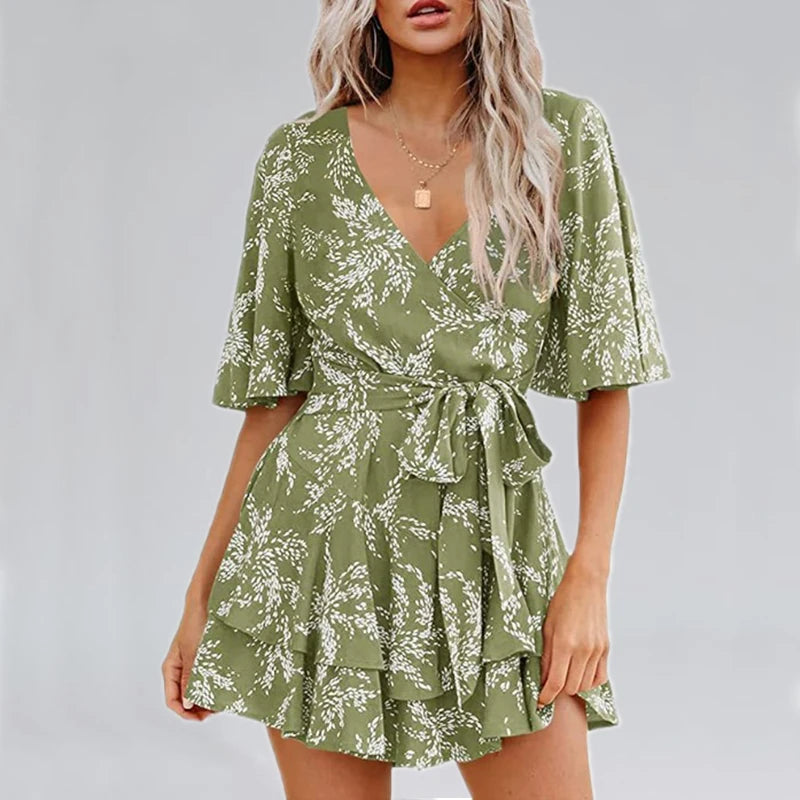 Hot-selling Women's Jumpsuits V-neck Flared Sleeves High Waist Plant Printed Pleated Lace-up Fashion High Street Playsuits
