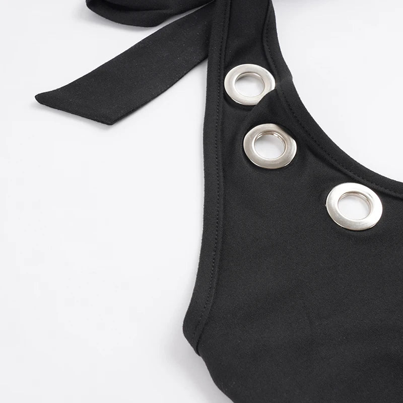 Women's Sleek Black Halter Jumpsuits With Eyelet Detailing Form-Fitting Capri Length Design Chic And Minimalist Summer Outfits