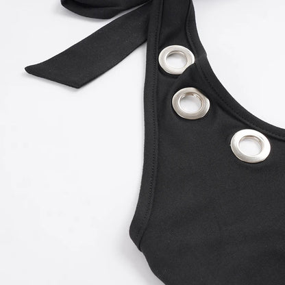 Women's Sleek Black Halter Jumpsuits With Eyelet Detailing Form-Fitting Capri Length Design Chic And Minimalist Summer Outfits