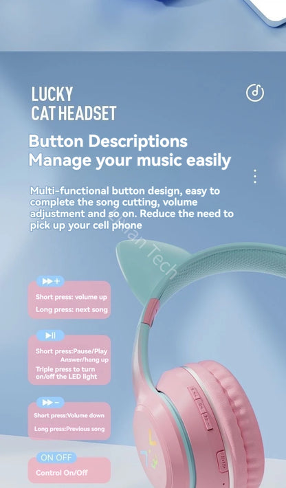 GRB Glow Gaming Headset Gamer Stereo Bass Cat Ear Wireless Earpods Bluetooth Earphones TYPE-C Cable Headphones Blutooth Handfree