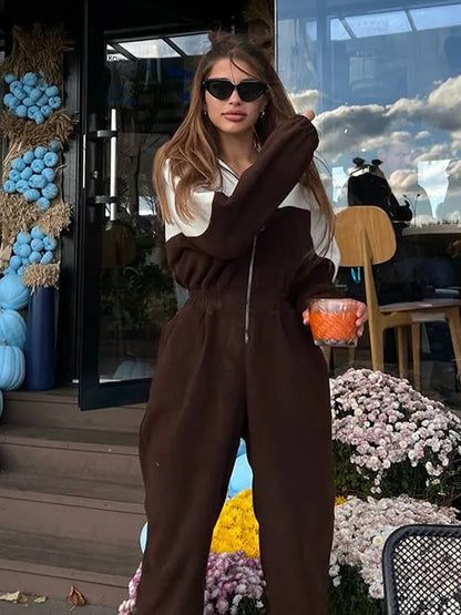 KUCLUT 2025 Autumn New Women's Fashion Sports Casual Jumpsuit Zipper Design Spliced Contrast Color Versatile Jumpsuits 1A991