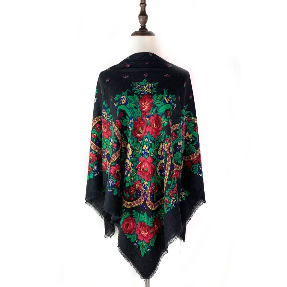 130*130cm Breathable Thin Russian Square Scarf Women Luxury Floral Print Ethnic Retro Bandana Shawl Foulard Femme Beach Stole
