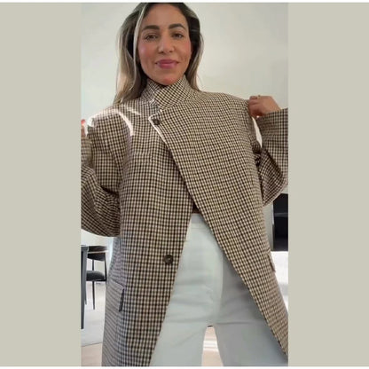 Plaid Cropped Trench Coat Lapel Collar Double Breasted Belted Waist Long Sleeve Women All-match Coats 2026 Autumn Commute Outfit