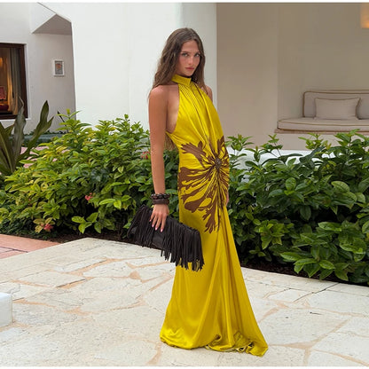 2026 Summer Printed Halter Maxi Dress Women Sleeveless Pleated Chic Satin Long Dresses Fashion Vacation Beach Party Lady Robe