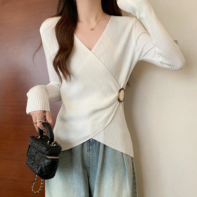 Women Wrap V Neck Ribbed Knit Top Metal Ring Buckle Flare Long Sleeve Slim Sweater