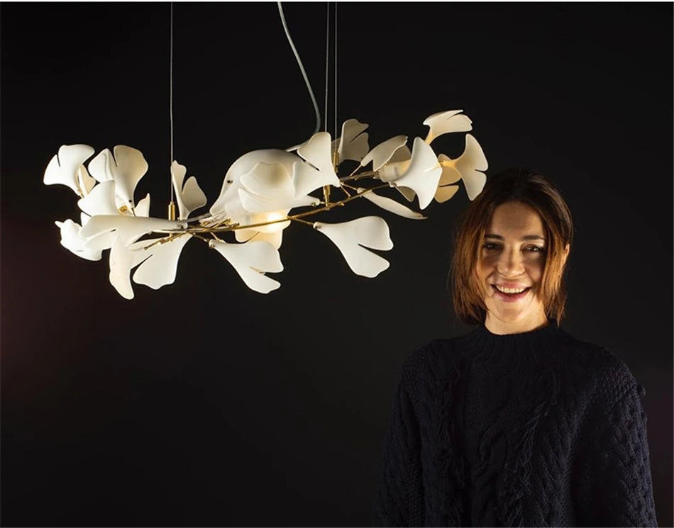 Ginkgo Leaves Loft Hanging Chandelier Light For High Ceiling Staircase Living Dining Room Modern White Porcelain Leaf Chandelier