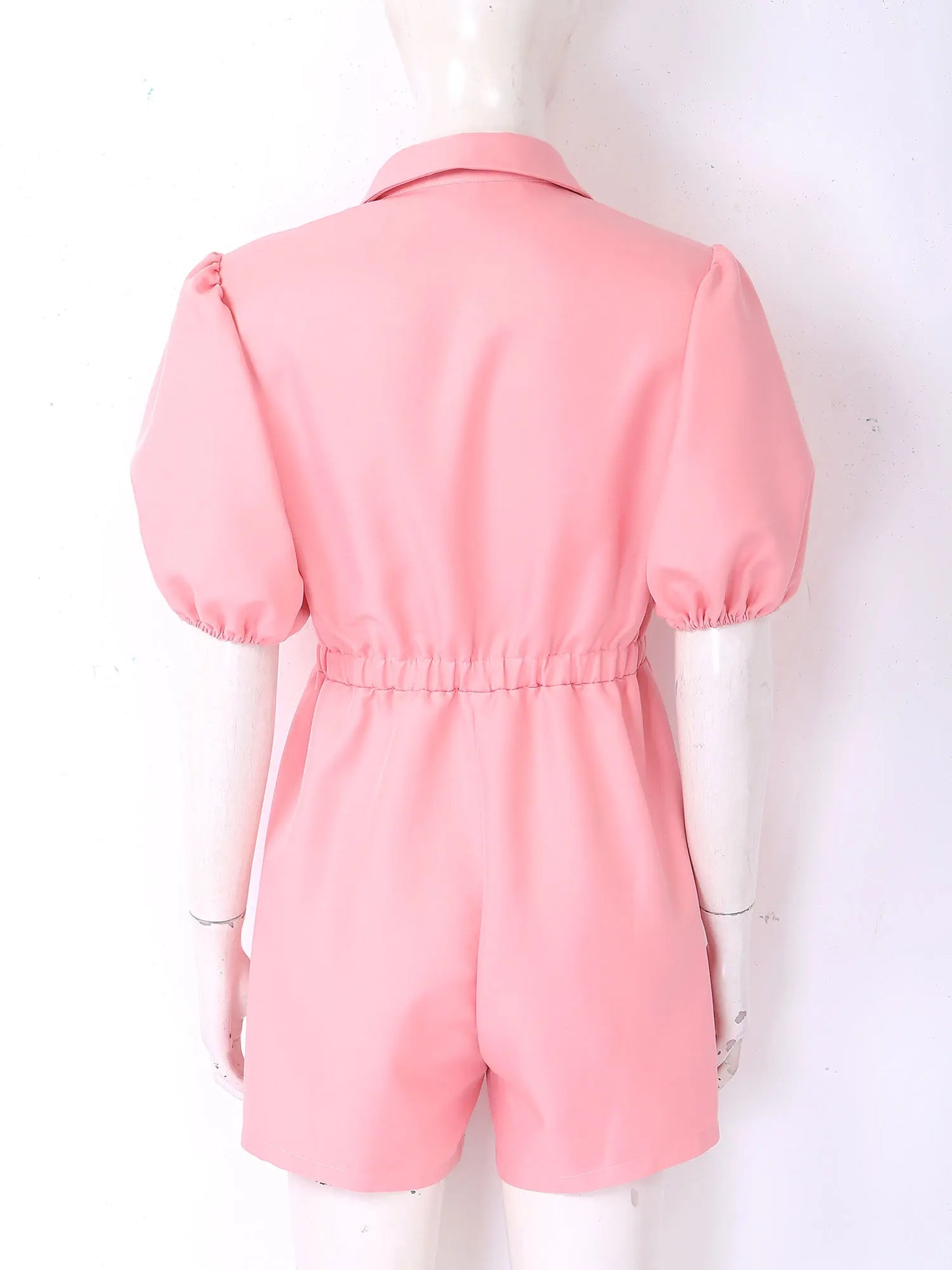 Fashion Women Short Puff Sleeve Romper Lapel Front Button Elastic Waist Shorts Jumpsuit for Office Vacation Casual Clothing