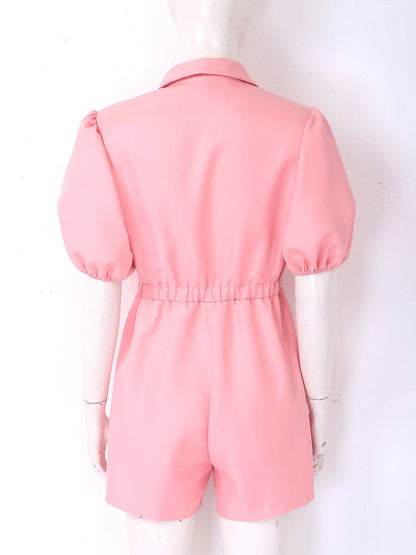 Fashion Women Short Puff Sleeve Romper Lapel Front Button Elastic Waist Shorts Jumpsuit for Office Vacation Casual Clothing