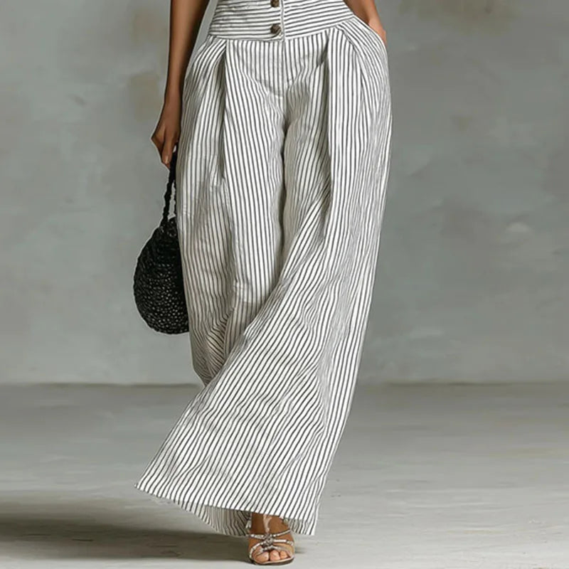 Office Lady Elegant Button Down Jumpsuit Spring Striped Print High Waist Woman Romper Elegant Sleeveless Wide Leg Pants Overalls