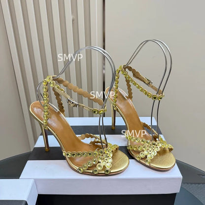 Women Crystal Rhinestone High Heel Sandals 2026 Summer New Toe Ankle Strap Thin Heels Transparent Silver Party Wedding Shoes