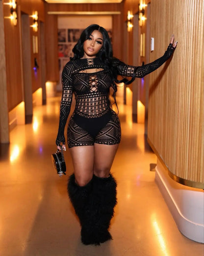 HBLL Sexy Sheer Mesh Playsuit Women Rompers Long Sleeve Hollow Out Skinny Night Club Outfit One Pieces Jumpsuit Shorts Bodysuit
