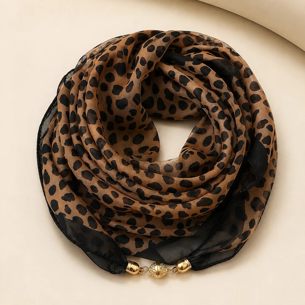 63x63cm Leopard Print Square Scarf for Women with Magnetic Clasp Lightweight Chiffon Neck Scarf Fashion Accessory
