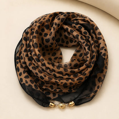 63x63cm Leopard Print Square Scarf for Women with Magnetic Clasp Lightweight Chiffon Neck Scarf Fashion Accessory