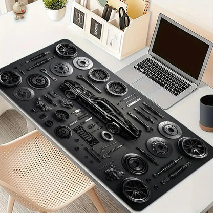 Car Parts Assembly Large Mouse Pad Retro Muscle Car Black Metal Texture Desk Mat Gaming Keyboard Pad Non-slip Office Table Mat
