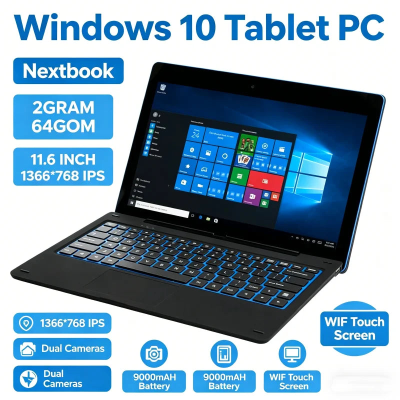 Hot Sales 11.6'' Windows 10 Tablet PC 2GB DDR+64GB 2 In1 Docking Keyboard G12 Z8350 CPU 1366*768 IPS Touch Quad Core Dual Camera