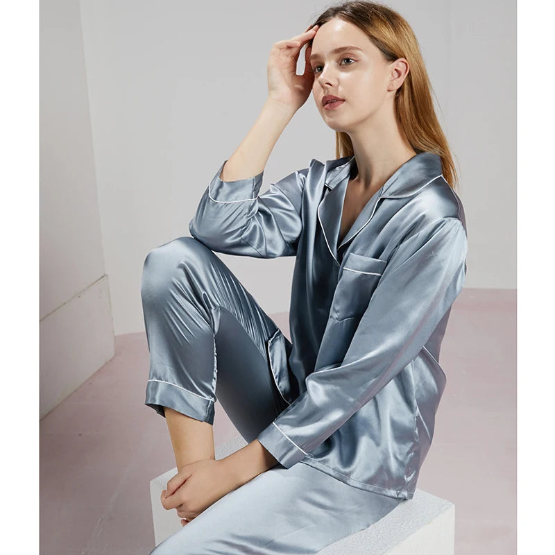 19MM 100% Mulberry Silk Pajamas Women Silk Sleepwear Lady Long-sleeved TrousersTwo-piece Spring Summer  Loose Sexy Home Clothes