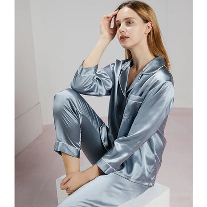 19MM 100% Mulberry Silk Pajamas Women Silk Sleepwear Lady Long-sleeved TrousersTwo-piece Spring Summer  Loose Sexy Home Clothes