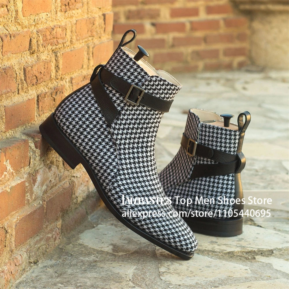 Suede Buckle Strap Ankle Boots Suede Leather Side Buckle Casual Dress Boots Vintage Suede Low Block Heel Pull On Boots for Men