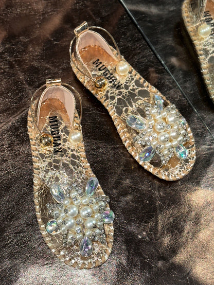 Aphixta New Gold Crystal Flower Flat With Sandals Women Summer Round Toe Shoes Outdoor Soft Sole Bling Slides Big Size 43