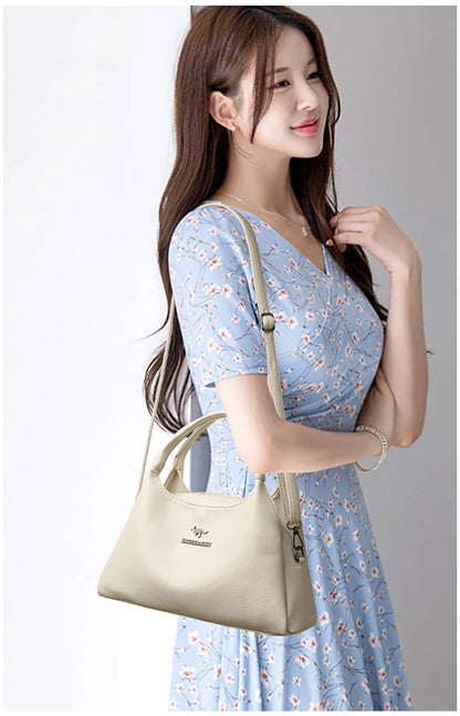 New Ladies Soft Leather Handbag Large Capacity Single Shoulder Bag Retro Solid Color Mom Bolsa Luxury Cross-Border Style Bags