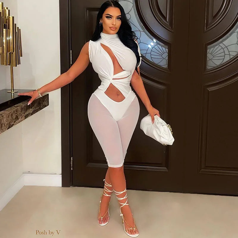Sexy Mesh Patchwork See Through Skinny Playsuit Women One Shoulder Draped Hollow Out One Piece Rompers Party Club Jumpsuit Short